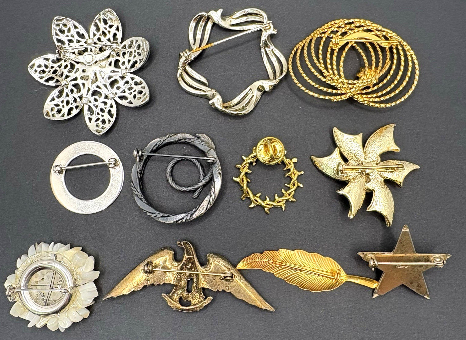 Vintage Lot of 11 Brooches Coro Unbranded Gold & Silver Tone Faux Pearl