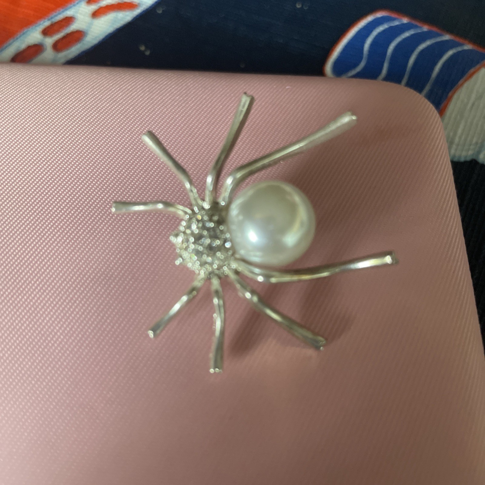 Silver Tone Spider Brooch With White Faux Pearl Body Rhinestone