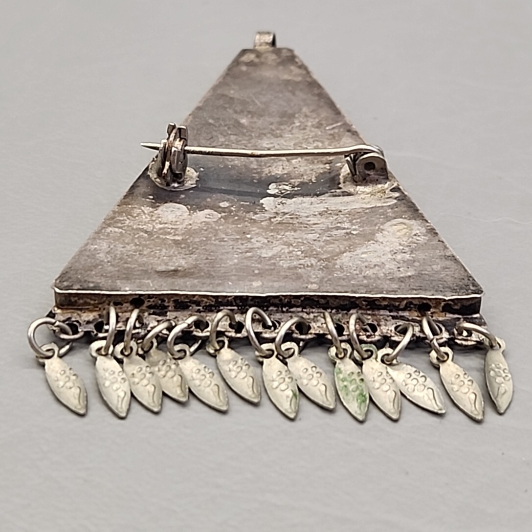 Vintage Triangle Pendant Filigree Cannetille Blue Glass Beads Silver Tone 2.5″