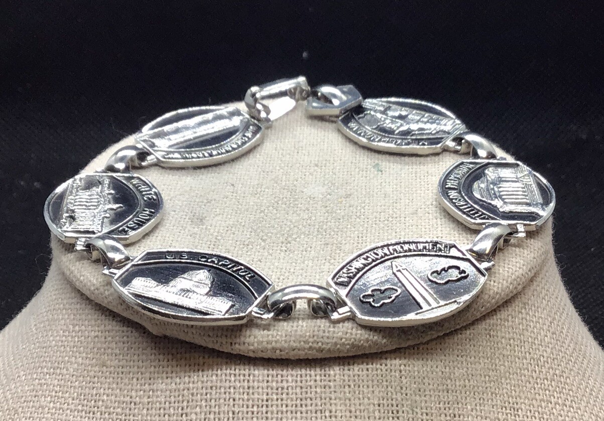 Vintage Costume Wide Enameled American Buildings Themed Bracelet 7.5″ F506