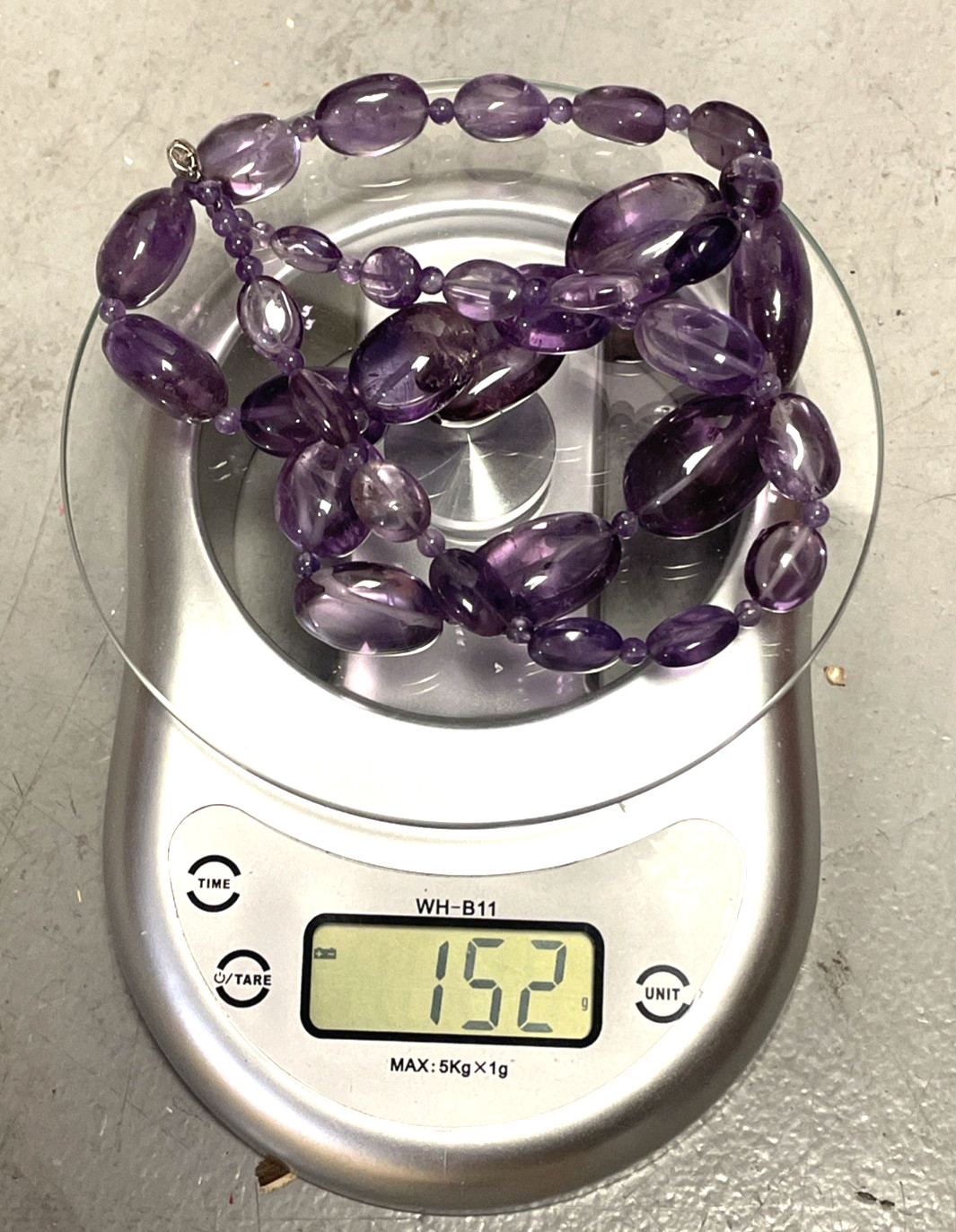 Vintage Large Natural Amethyst Bead Necklace 29″ 152g Sterling Silver Clasp