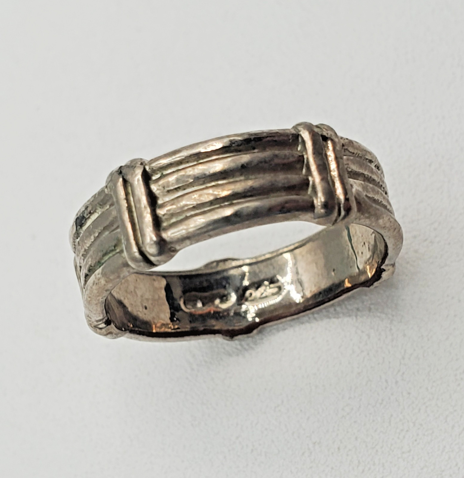 925 Ribbed Band Ring Sz 5.5 Sterling Silver 3g Unisex Bamboo Pinky Stacked Look