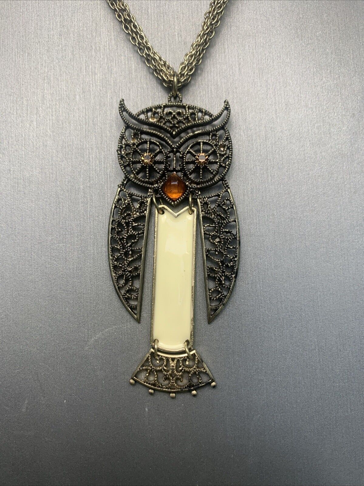 Vintage Boho Articulated, Owl, Gold, Multi Strand Pendant Necklace 18”