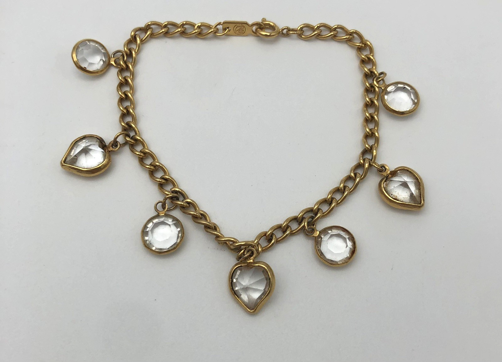 Vintage Swarovski Brand Clear Heart Charm Bracelet Goldtone 7″