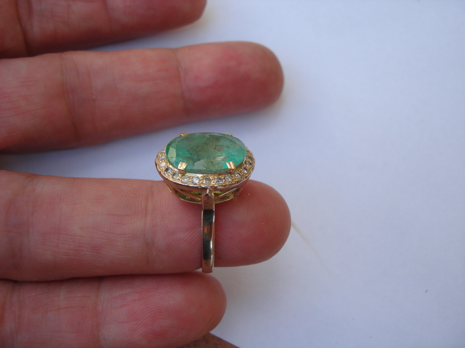 VINTAGE ELEGANT 14K SOLID WHITE GOLD BERYL EMERALD DIAMONDS COCKTAIL RING SIZE 6