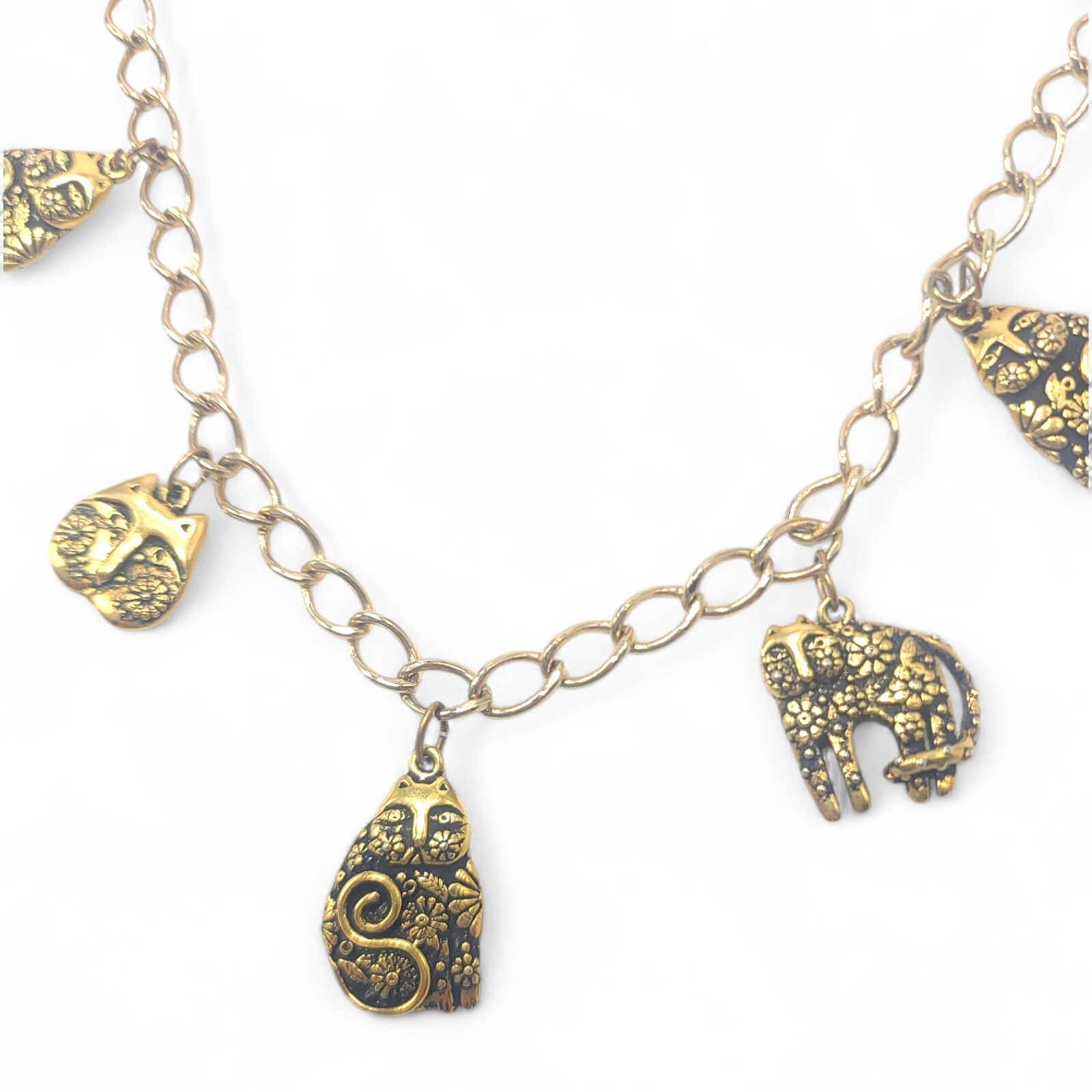Laurel Burch Necklace 5 1993 Cat Charms Gold Tone 17.5in Chain Link Vintage