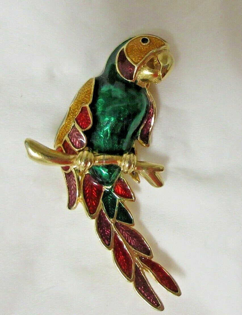 Vintage Gold Tone Green, Red, Yellow & Blue Enamel Parrot Brooch