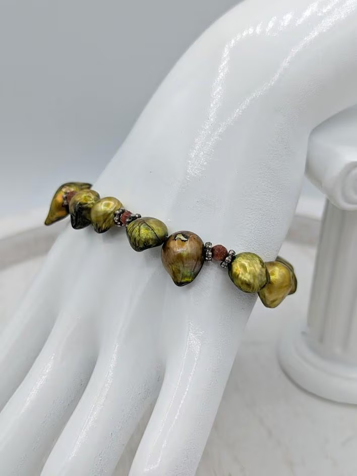 Vintage Baroque Pearl Bracelet Goldstone Artisan Toggle 7.25in