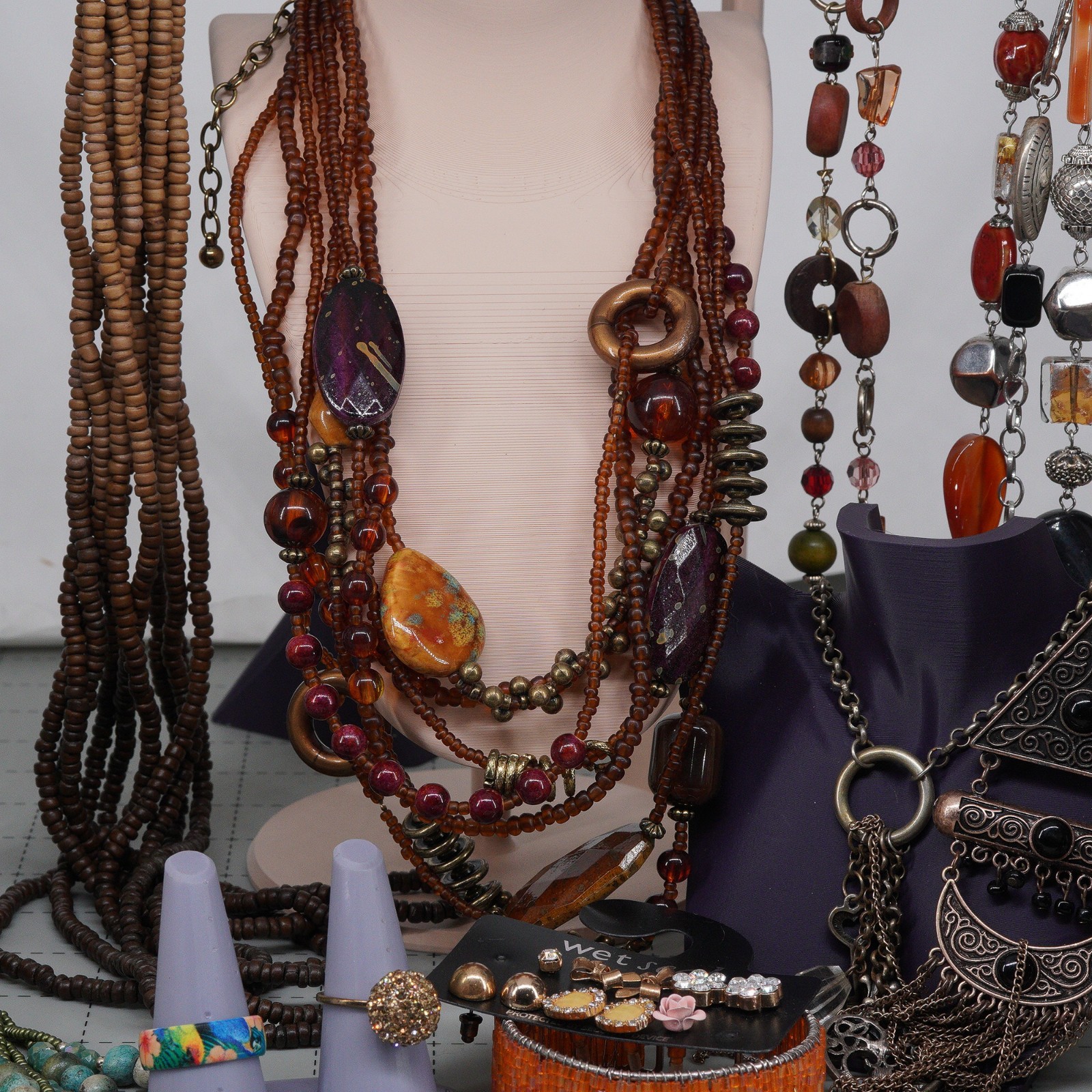Boho Revival Jewelry bohemian Mix Layered Beads Leather wood beads & fringe 16pc