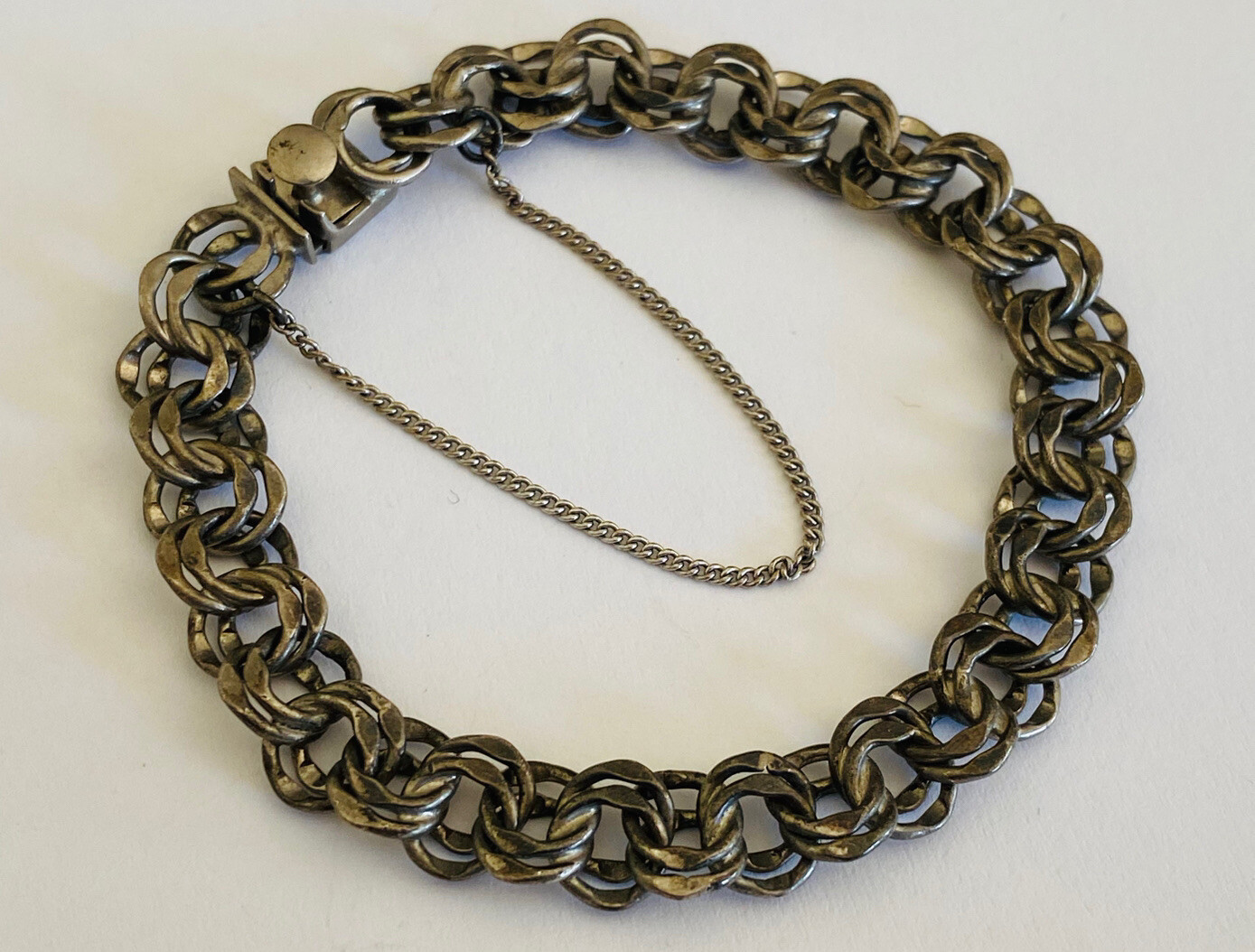 Vintage Signed sterling Silver Double Rolo Link Chain Charm Bracelet 19-Grams