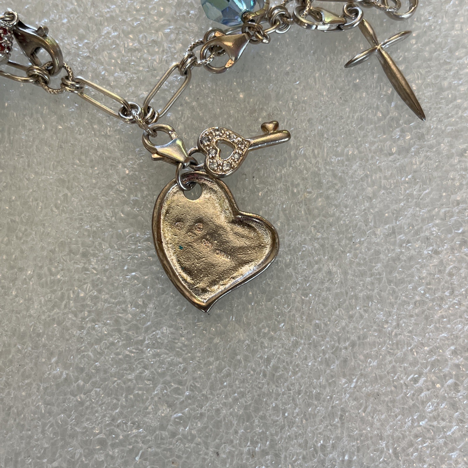 Sterling Silver Charm Bracelet 8 Charms Heart Key Cross Shoes Prayer Box