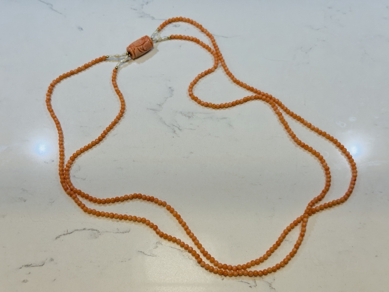Antique Genuine Salmon Coral & Pearl Beaded Double Strand Necklace 32″ 14k Beads