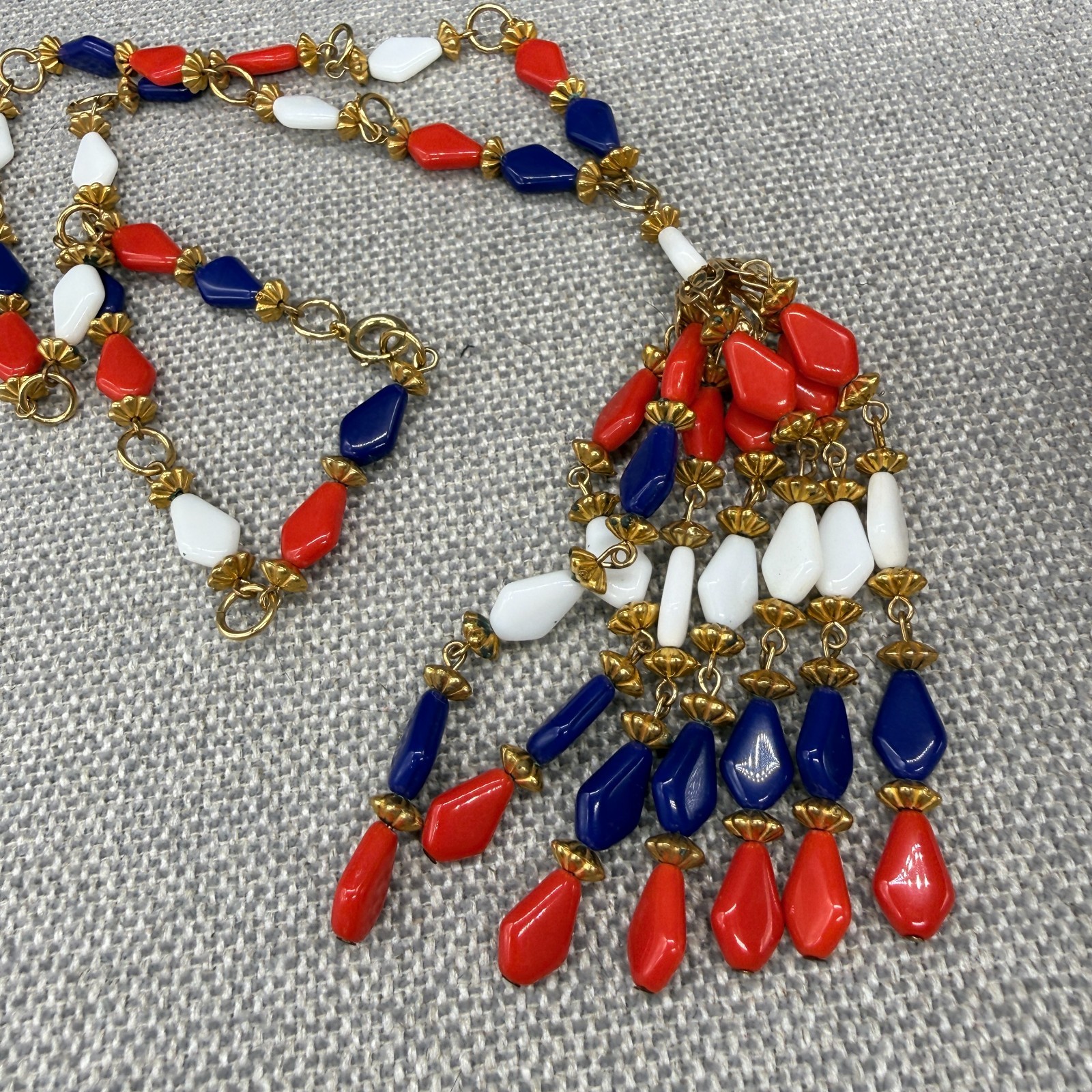 Vintage Necklace Tassel Dangles Red Blue White Acrylic Beads Retro 24 Inches