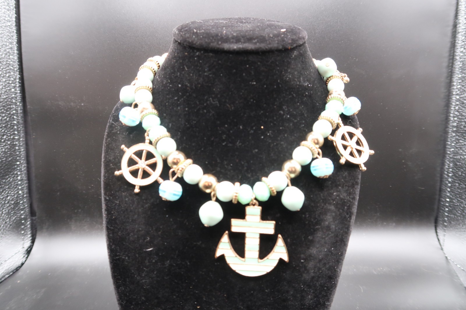 Vtg Nautical Beaded Charm Station Necklace Anchor Ship Wheel Teal & White Enamel