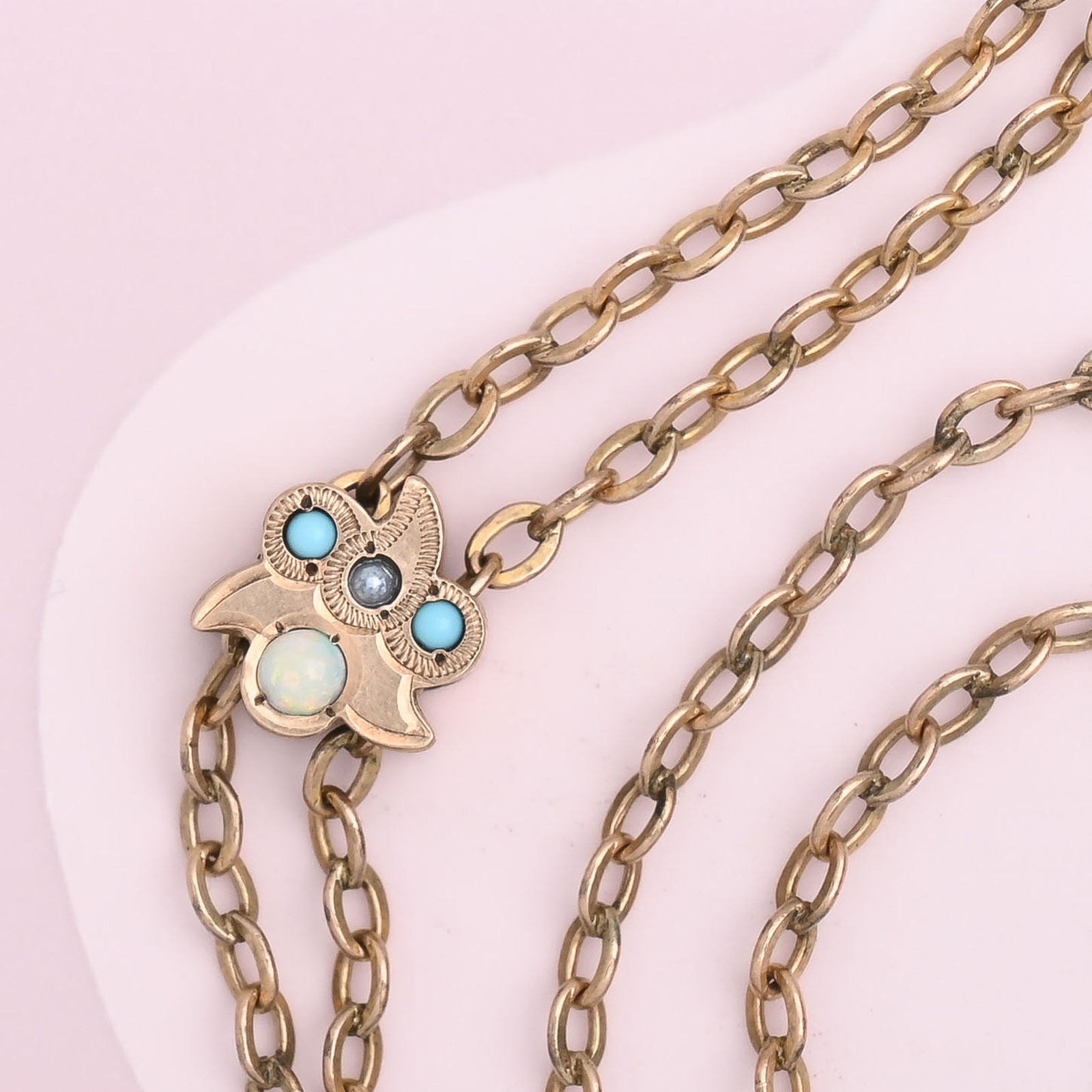Antique Victorian Opal Turquoise Gold Filled Slide Charm Cable Chain Necklace