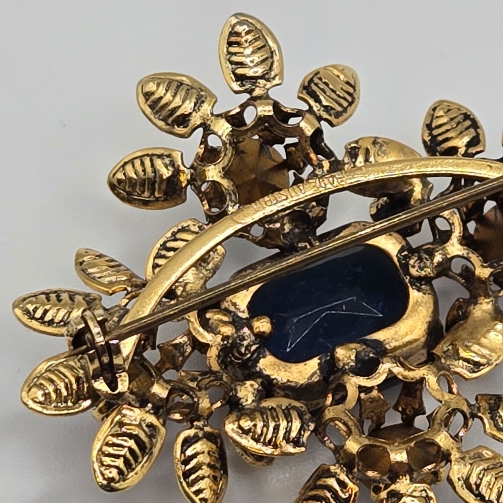 Vtg Austrian Crystal Rhinestone Brooch Blue Floral Victorian Revival Mid Century