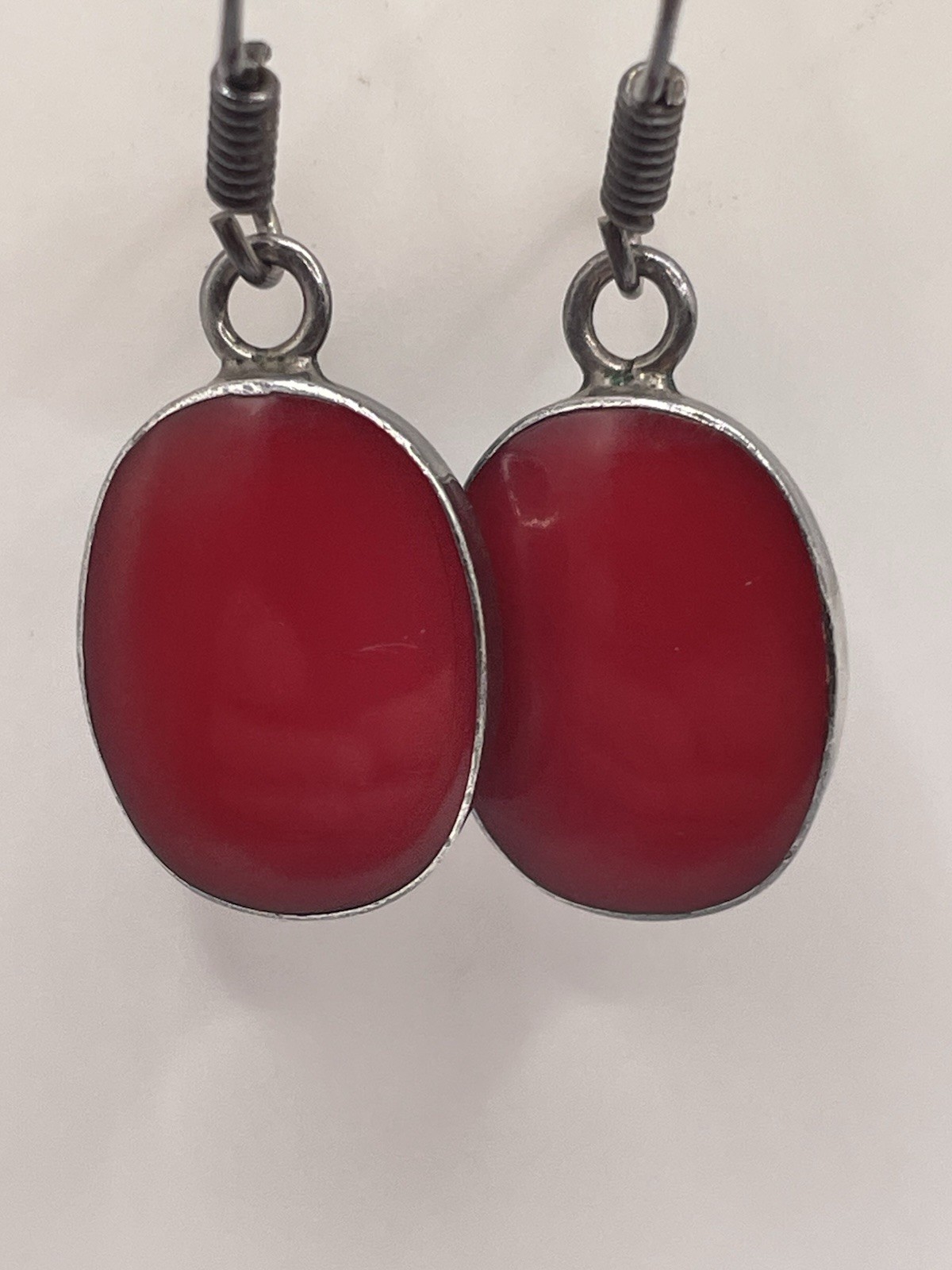 Vintage MEX 925 Sterling Silver Red Cabochon Dangle Earrings Mexico