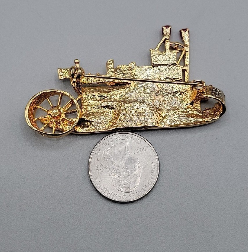 Vintage L-S Louis Stern Steamboat Brooch Pin Rhinestone Studded Gold Tone Estate