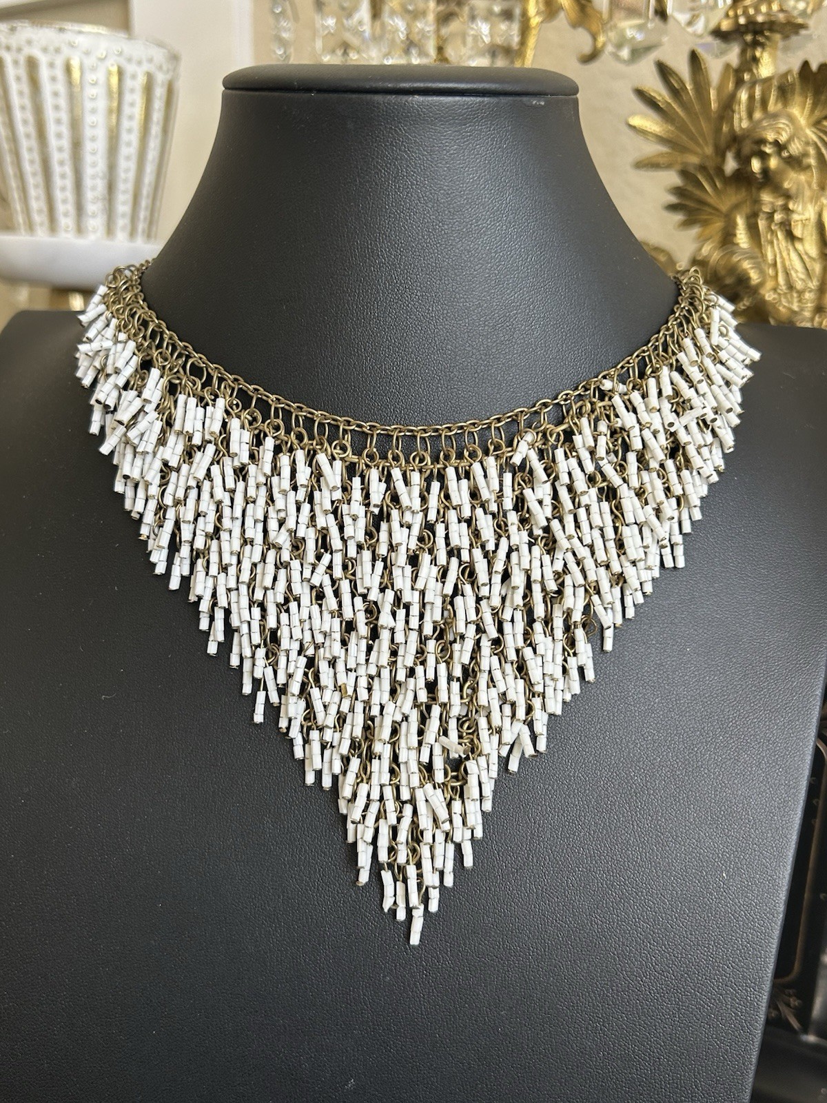 Vintage White Bugle Bead Multi Layered Dangle Fringe Bib Necklace