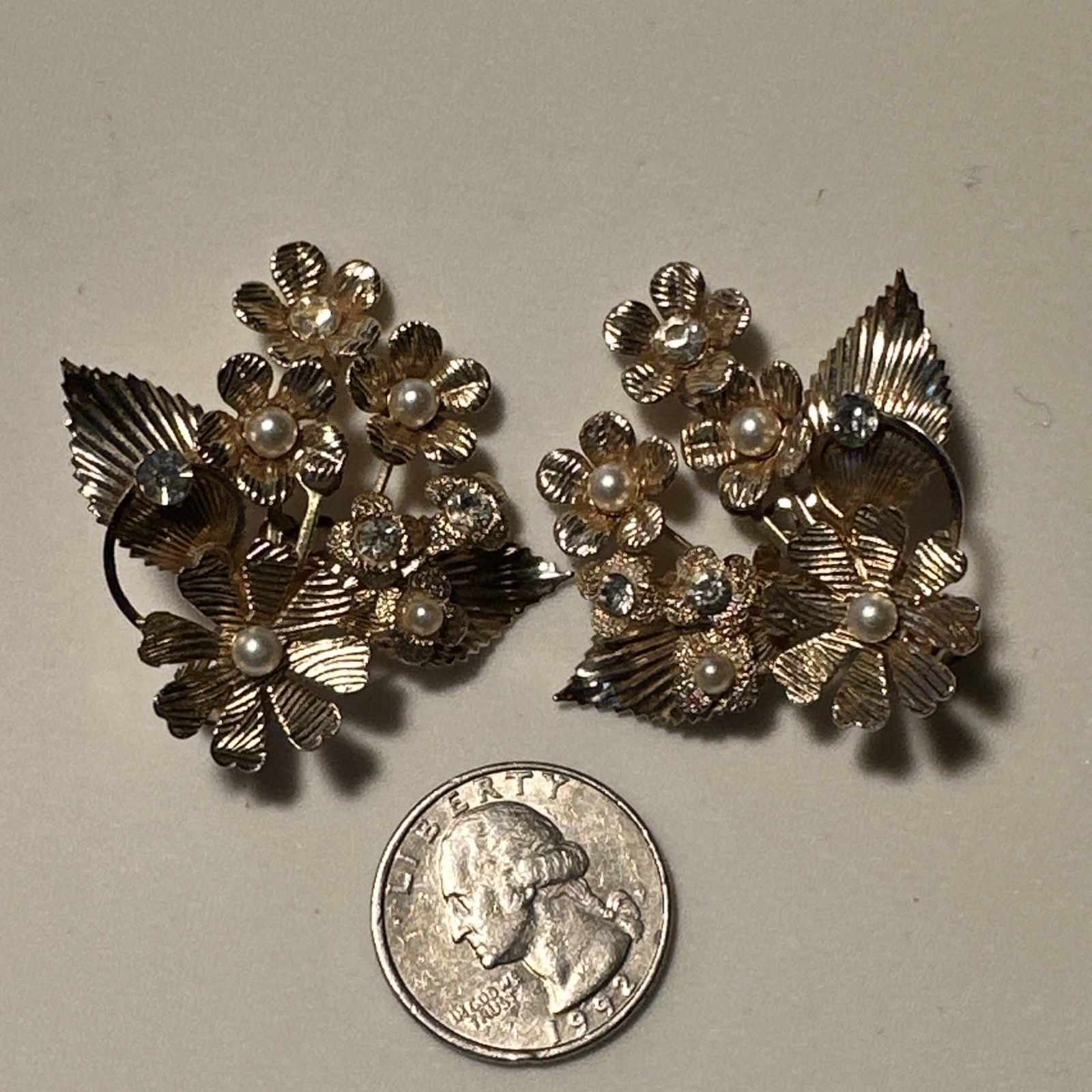 Vintage MCM Coro Clip On Earrings Gold Tone Floral Cluster Faux Pearl Rhinestone