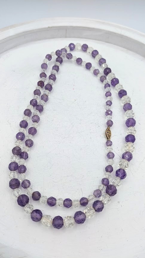 Vintage Amethyst Crystal Beaded Necklace Sterling Vermeil Clasp 32 Inch