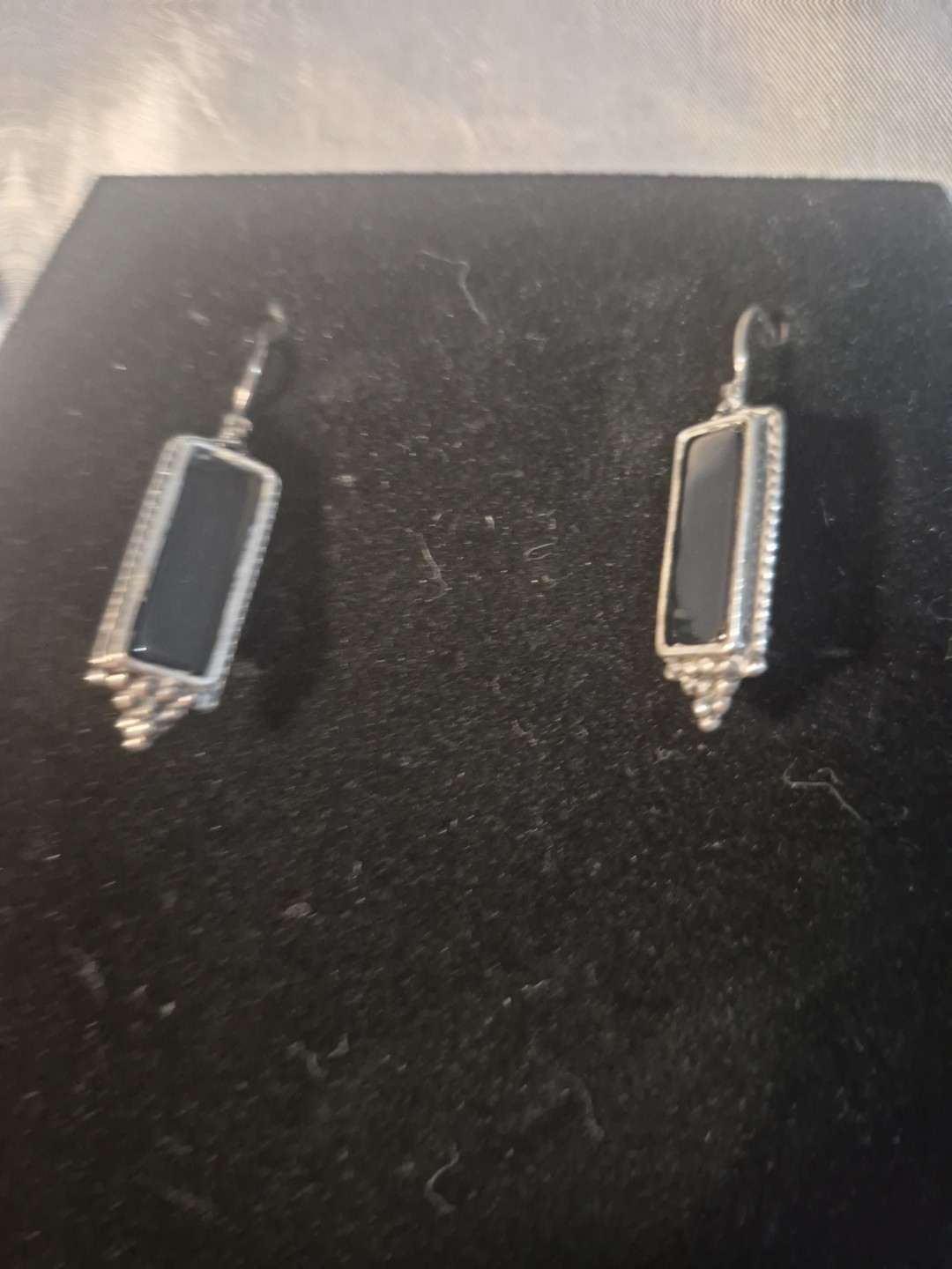 Vintage Sterling 925A Black Onyx rectangle Popcorn Bead Earrings 1.25″