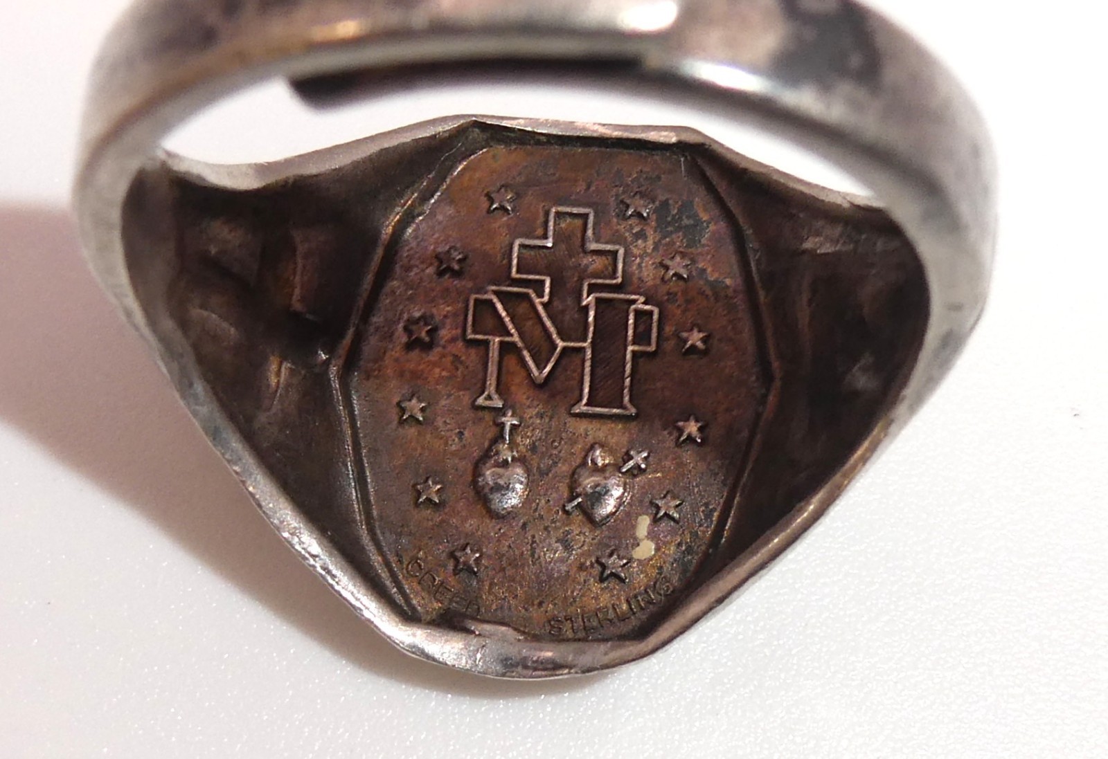 Vintage Virgin Mary Miraculous Medal Creed Sterling Silver Ring Adjustable Sz 7