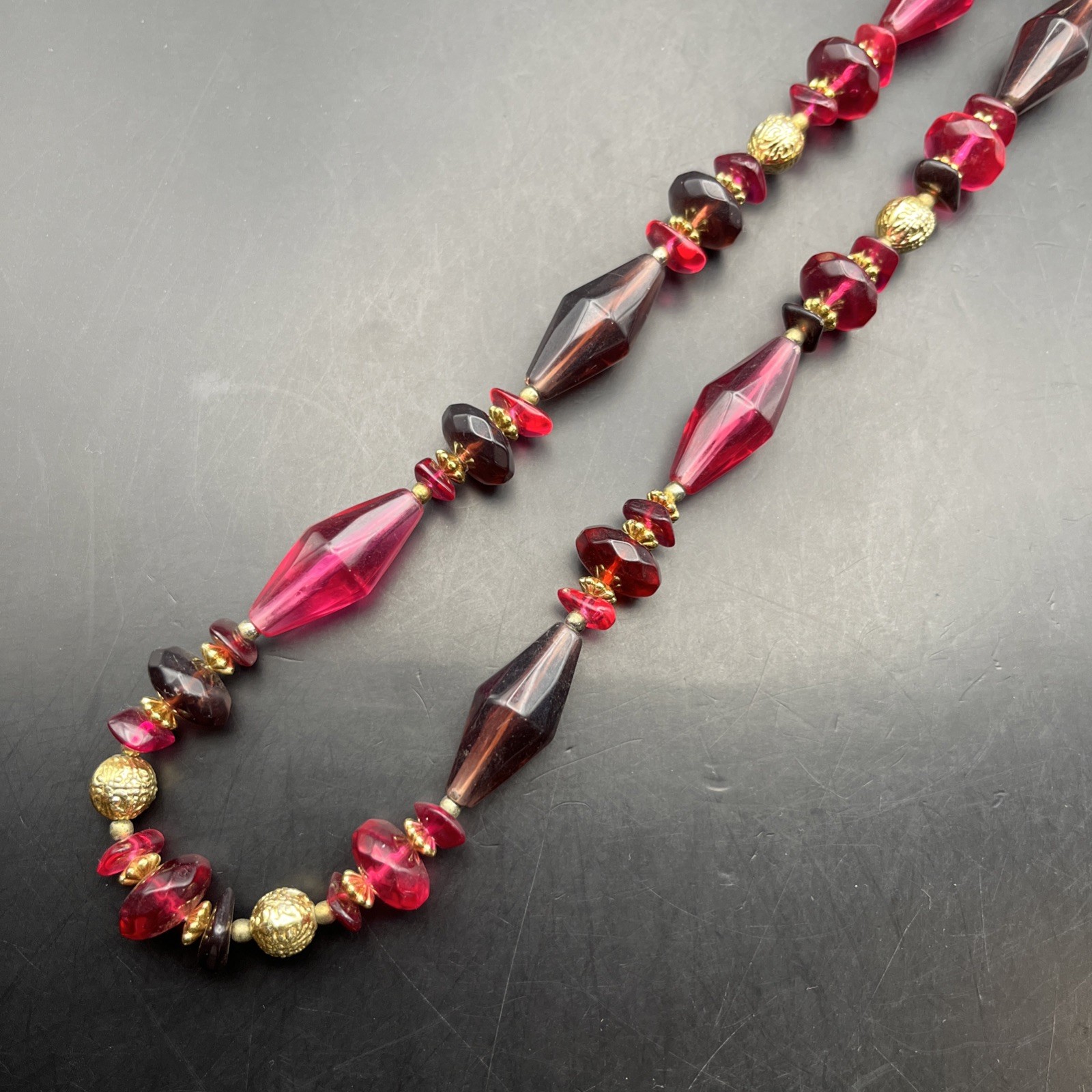 Pink Red Lucite Bead Necklace Long 30 Inch Purple Gold Tone Colorful Vintage