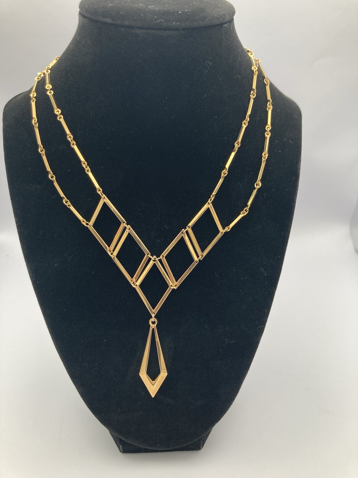 Vintage Sarah Coventry Geometric Gold-Tone Necklace 17.75” Long Fish Hook Clasp