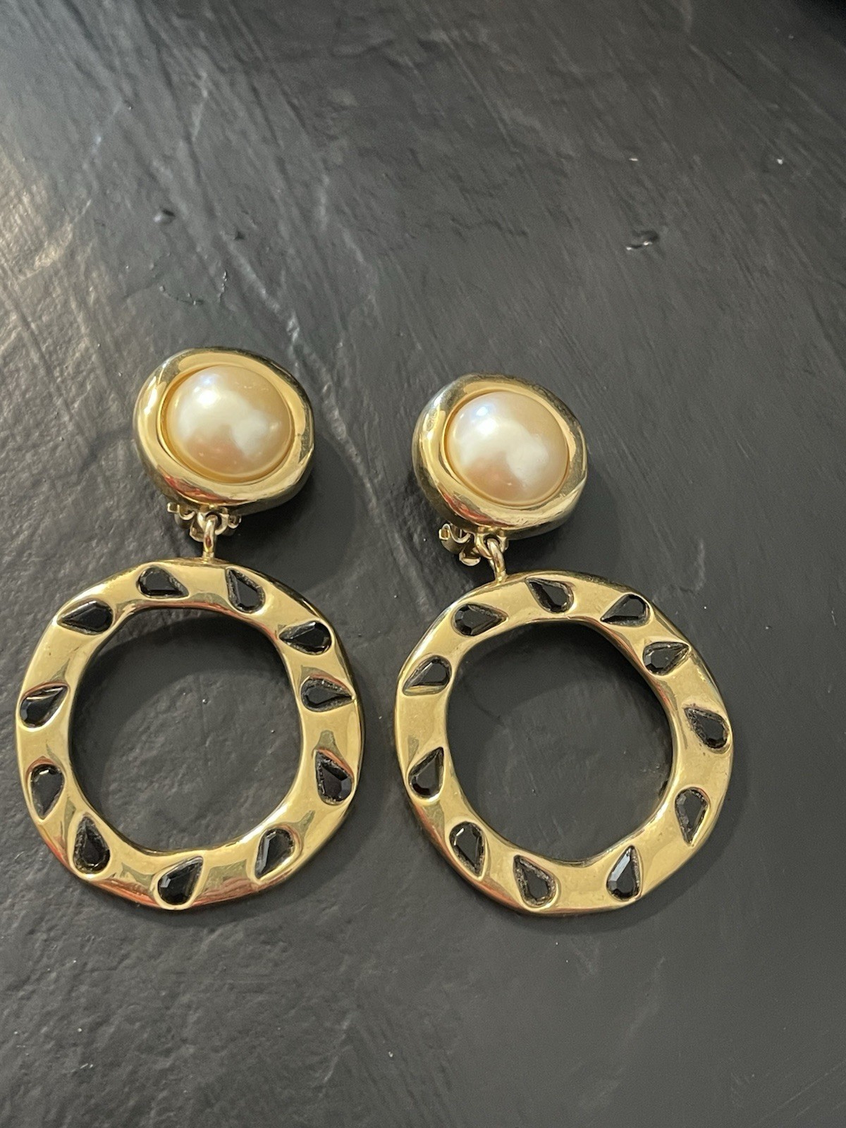 Givenchy Vintage Hoops Earrings Gold Pearl Drop Dangle Black ‘Onyx” Clip Ons