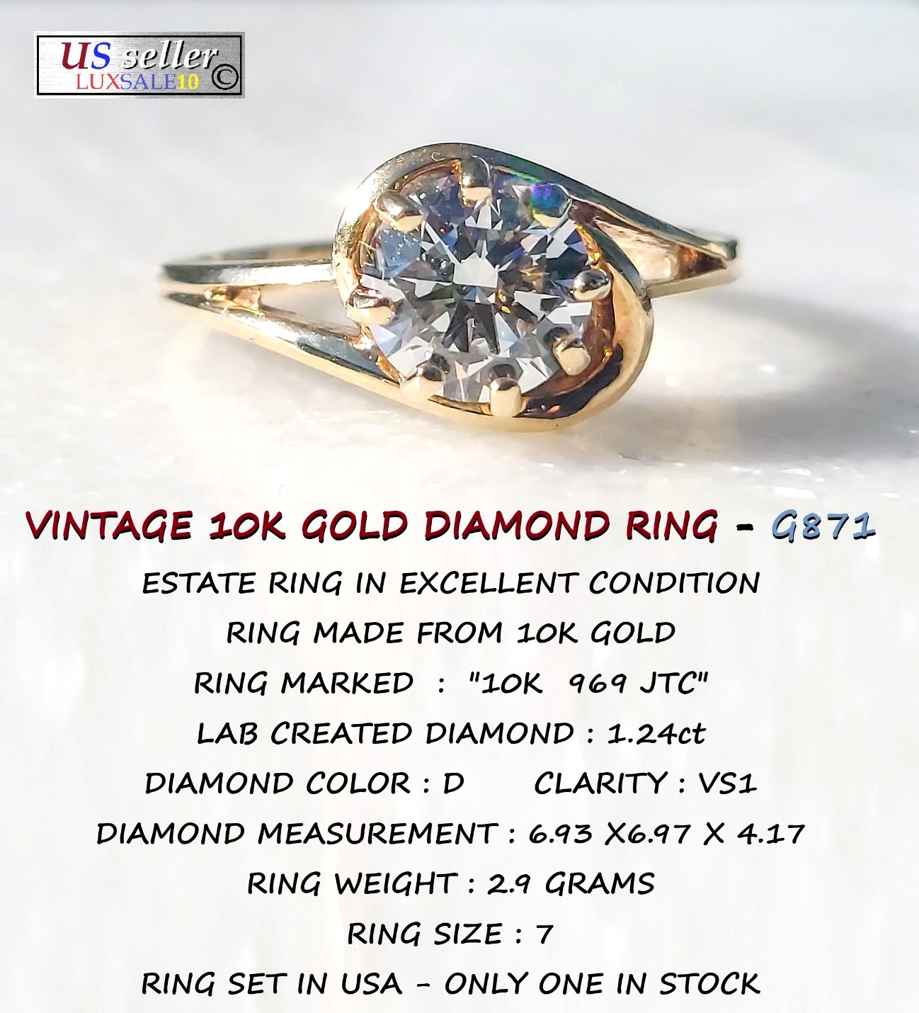 Estate ring 10K Gold Vintage Ring, Size 7, 1.24 carat certified diamond.