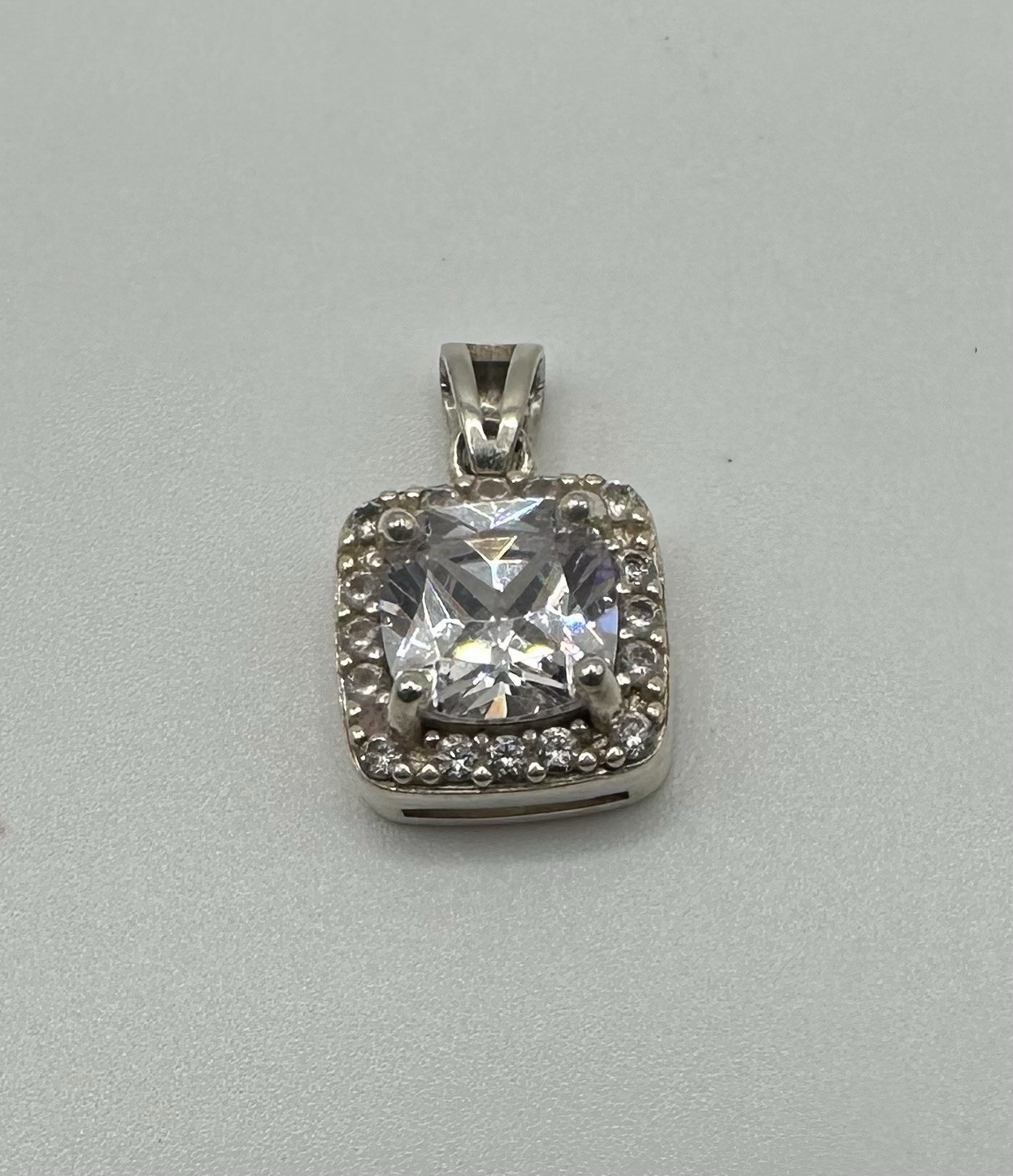 925 Sterling Silver Cushion Cut CZ Halo Pendant Clear Cubic Zirconia Square Vtg