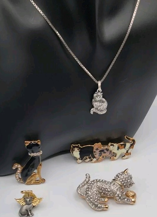 Cat Jewerly Lot 4 Kitty Pins Brooches Bracelet Sterling Silver Necklace