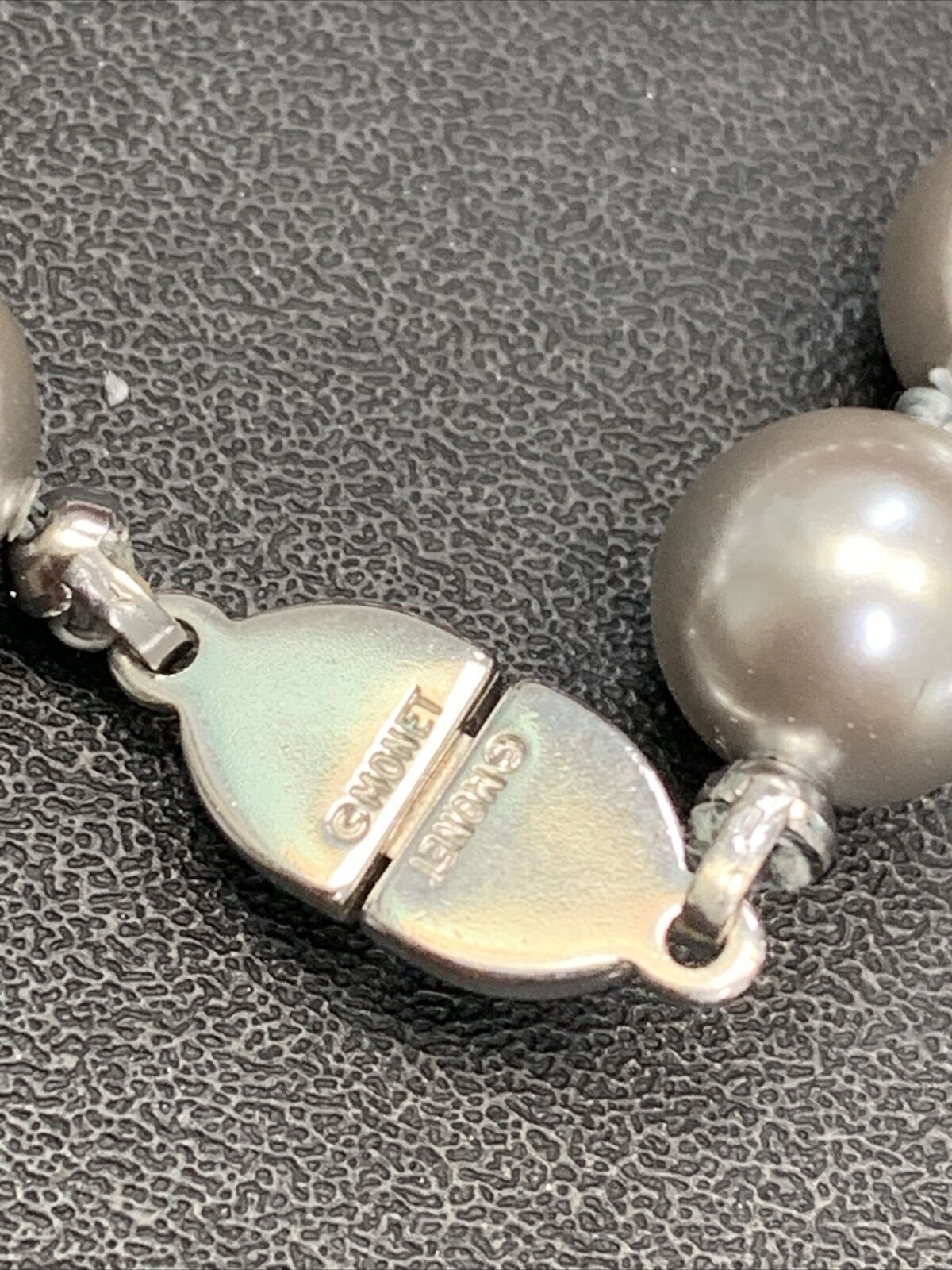 Vintage Signed Monet Grey Silver Hand Knotted Glass Pearl Necklace Long 20”