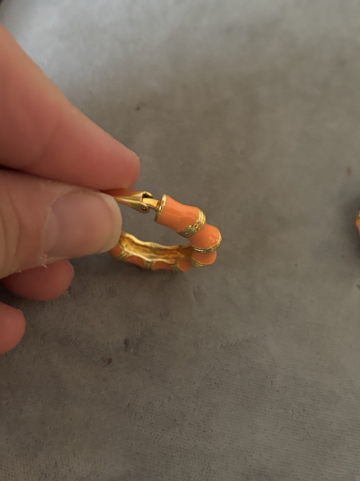 KJL Orange Coral Bamboo Enamel Hoop Clip On Earrings
