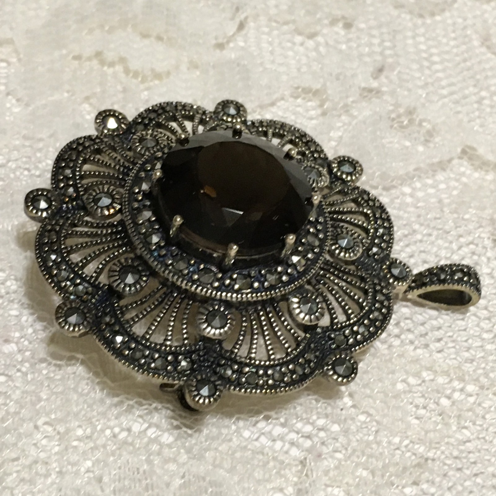 Suspicion QVC Sterling Silver 925 Pendant Brooch Smokey Quartz Art Deco style