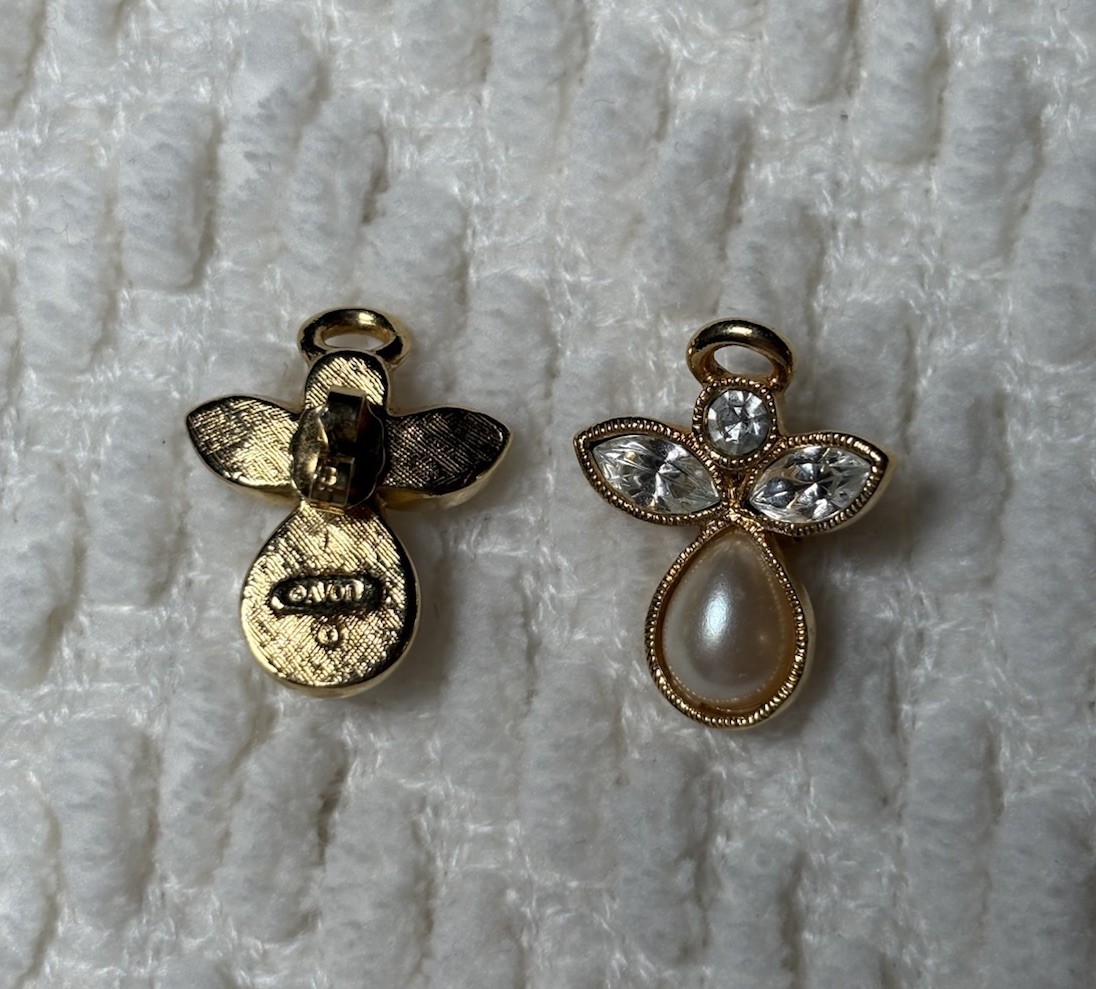 Vintage Avon Guardian Angel Earring Set Gold Tone Faux Pearl CZ Stone Used