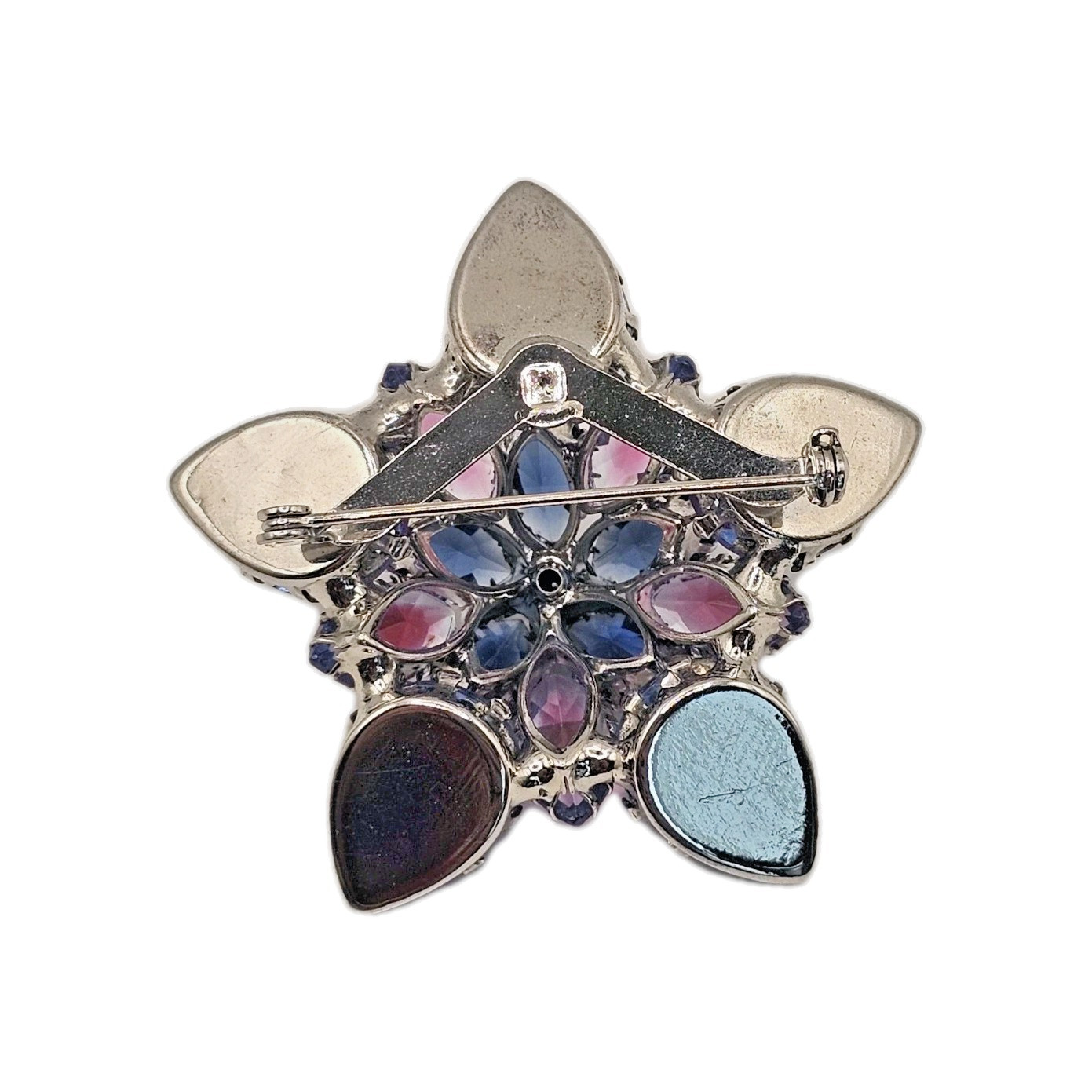 VTG Starburst Domed Purple Blue Pink Vitrail Glass Rhinestone Brooch Silver Tone