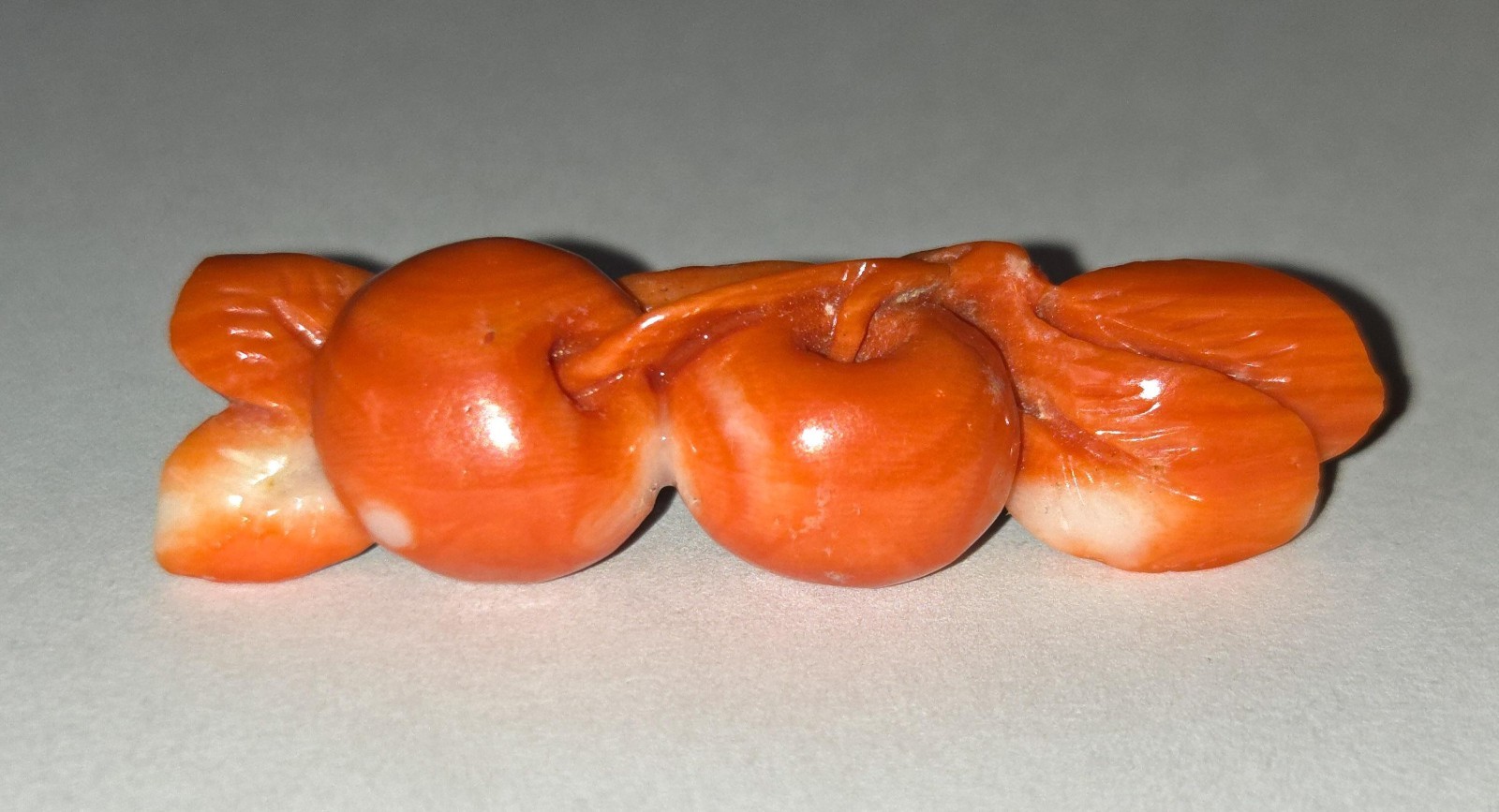 Antique Mediterranean Salmon Coral Hand Carved Cherry Brooch