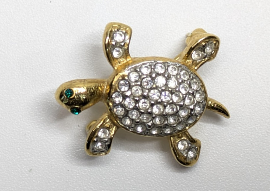 VTG Joan Rivers Pave Rhinestone Shell Gold Tone Baby Turtle Brooch Pin 1″