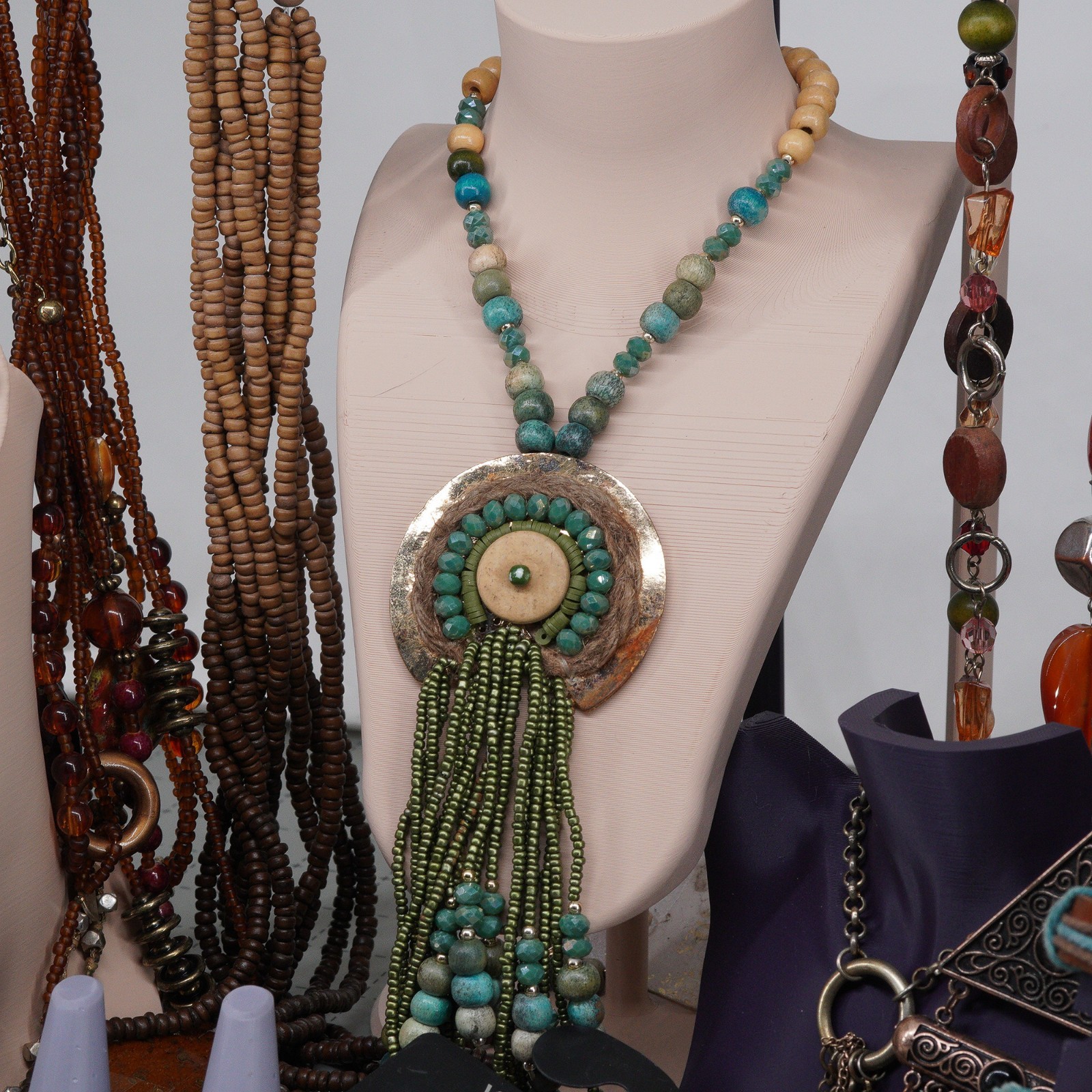 Boho Revival Jewelry bohemian Mix Layered Beads Leather wood beads & fringe 16pc