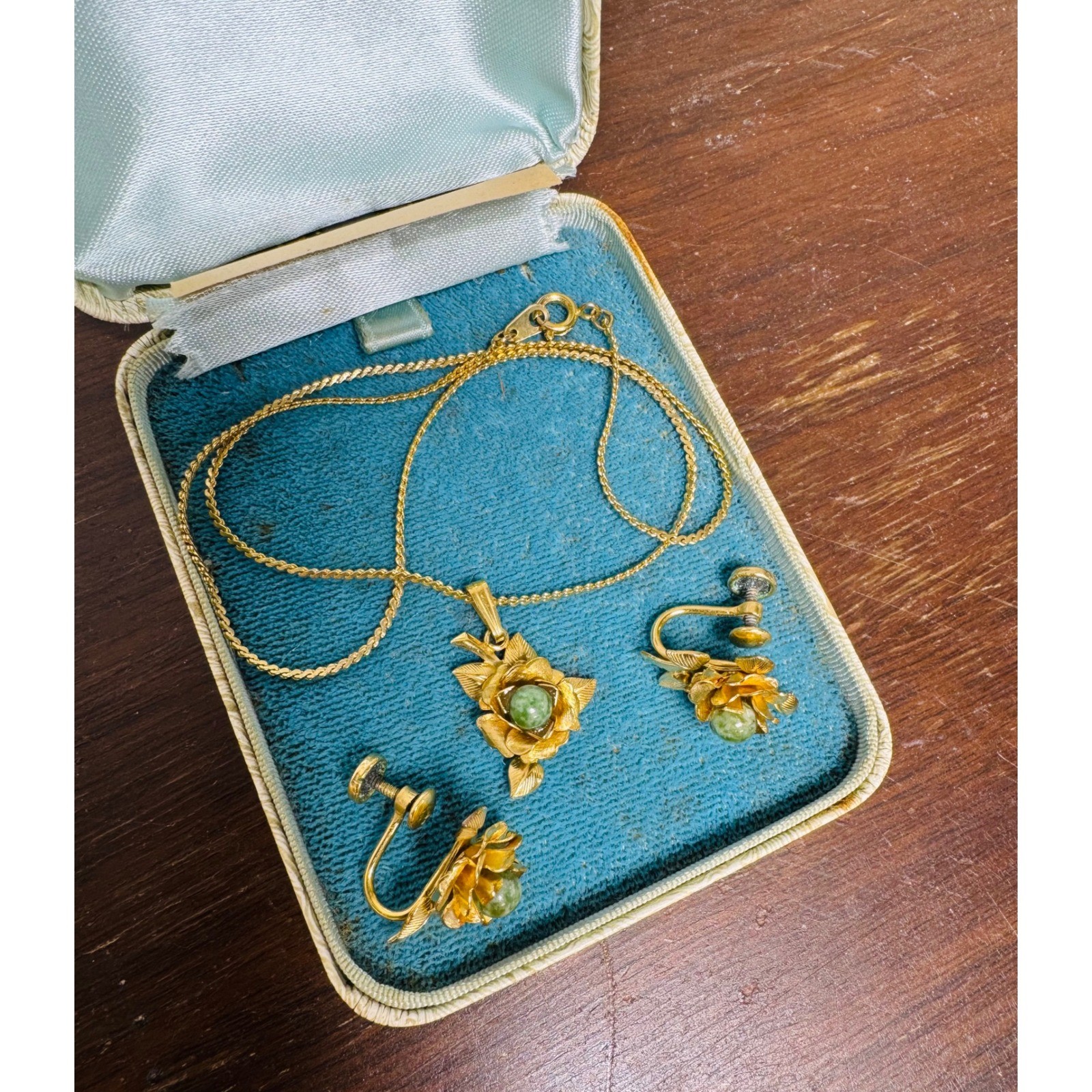 Vintage Sorrento 12K Gold Filled Jade Rose Necklace and Earrings Set with Box