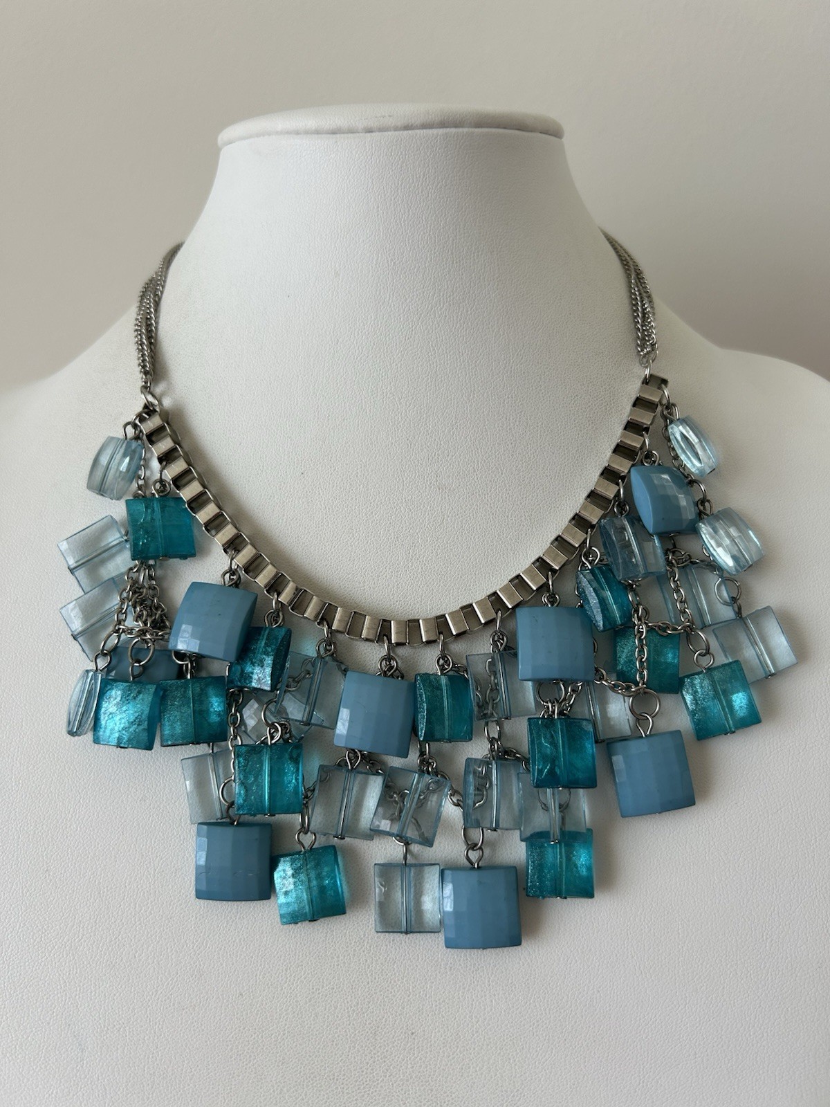 Statement Lucite Bib Necklace Blue Aqua Lucite Cube Beads Waterfall Fringe 18”