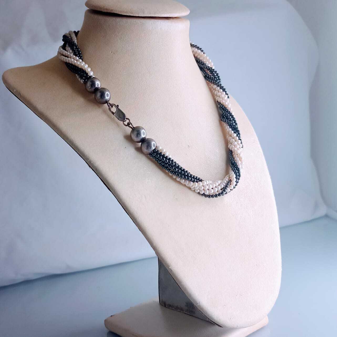 Vintage Pearl and Gray Hematite 8 Stranded Necklace with Sterling Silver Clasp