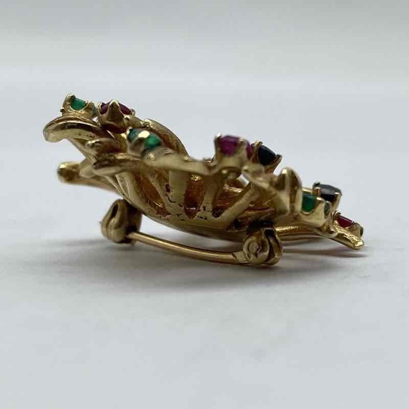 Vintage 13K Yellow Gold Ruby Sapphire Emerald Floral Brooch Pin Tested 1″ 7.6g