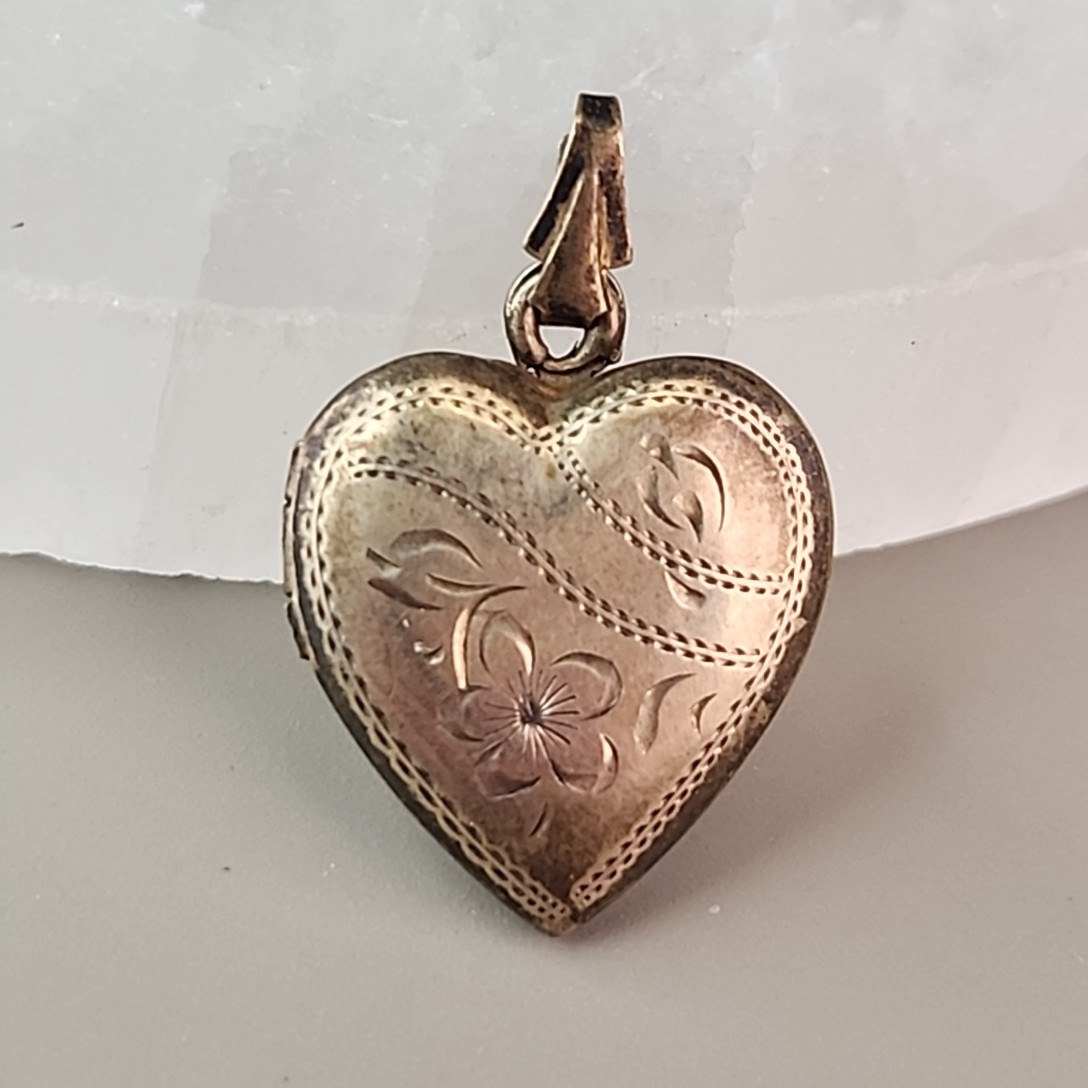 Vintage Heart Locket Pendant Etched Flowers Vermeil 10K GF Sterling 3/4″