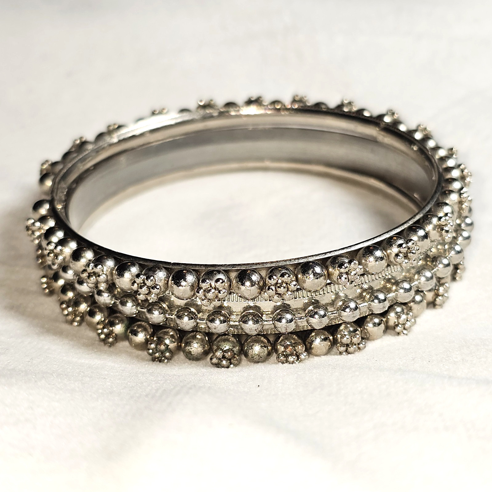 SET OF 3 Vintage Rajasthani Style BANGLE BRACELET Beaded Tribal Silvertone 8.25″