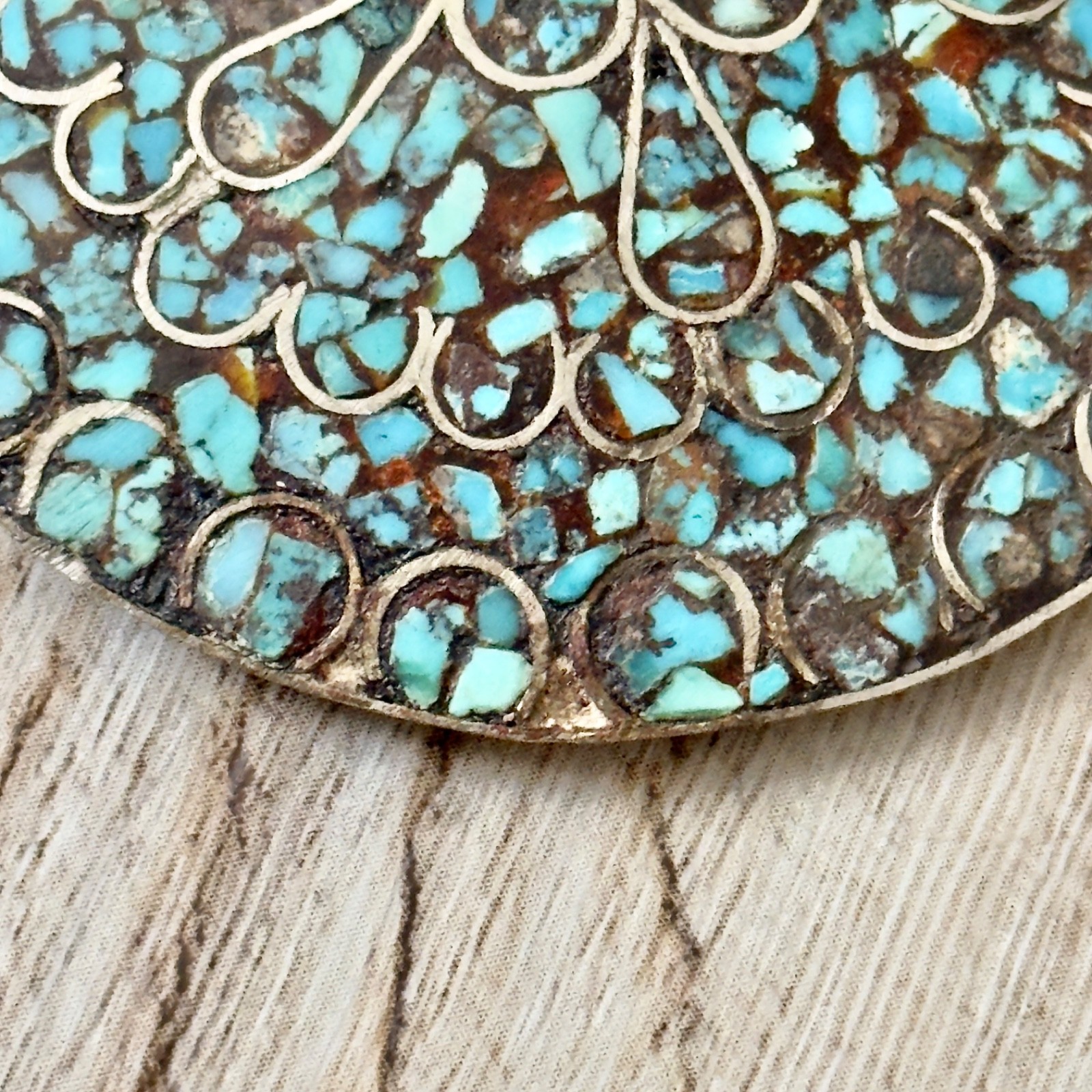 Vintage Mosaic Stone Chip Inlay Round Pendant Turquoise? Silver Tone Wire Work