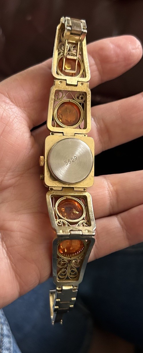 Vintage MCM Chika Baltic Amber Gold Plated 1950s USSR Hidden WATCH Bracelet