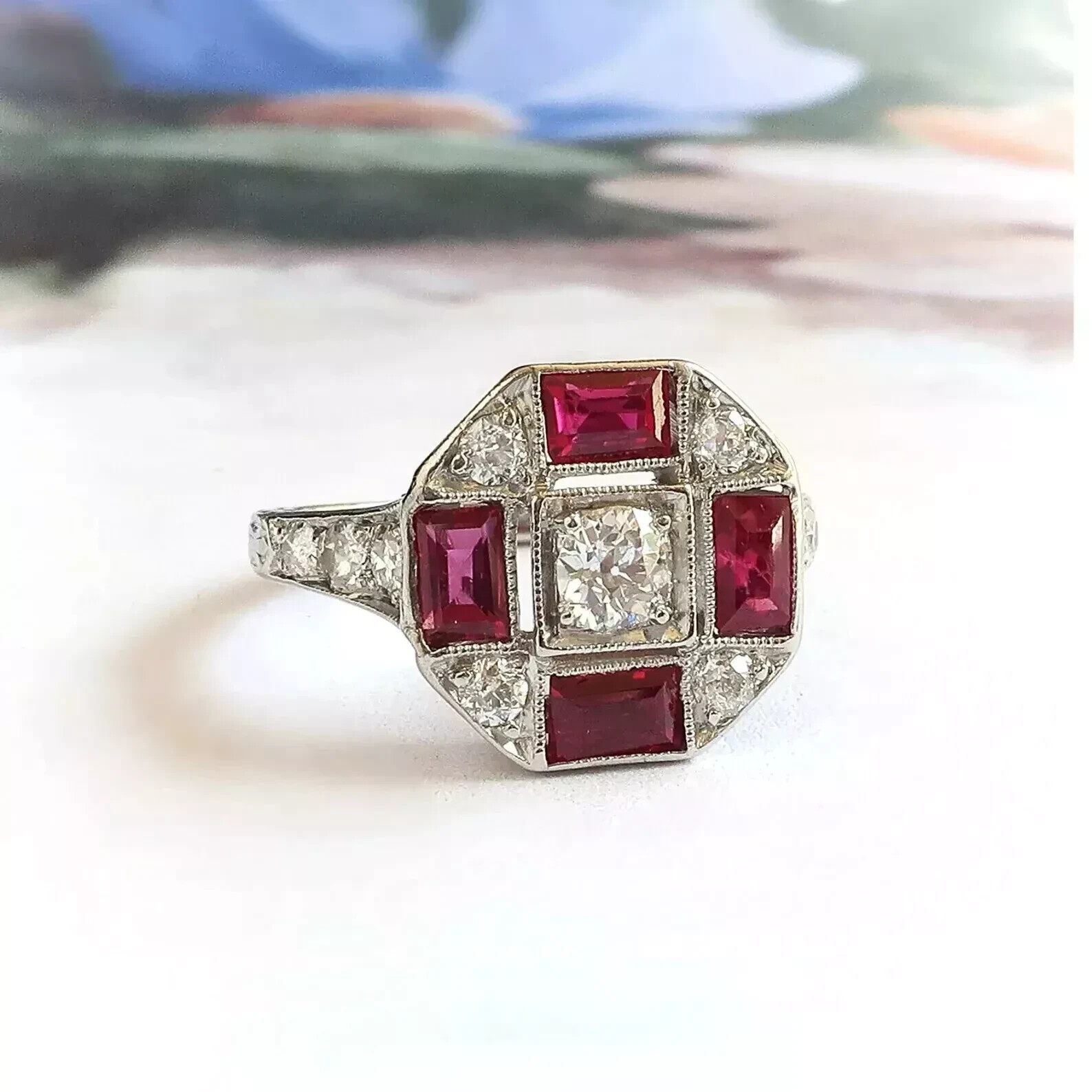 1.2Ct Round Lab CreatedDiamond & Ruby Art Deco Style Engagement Ring 925 Silver